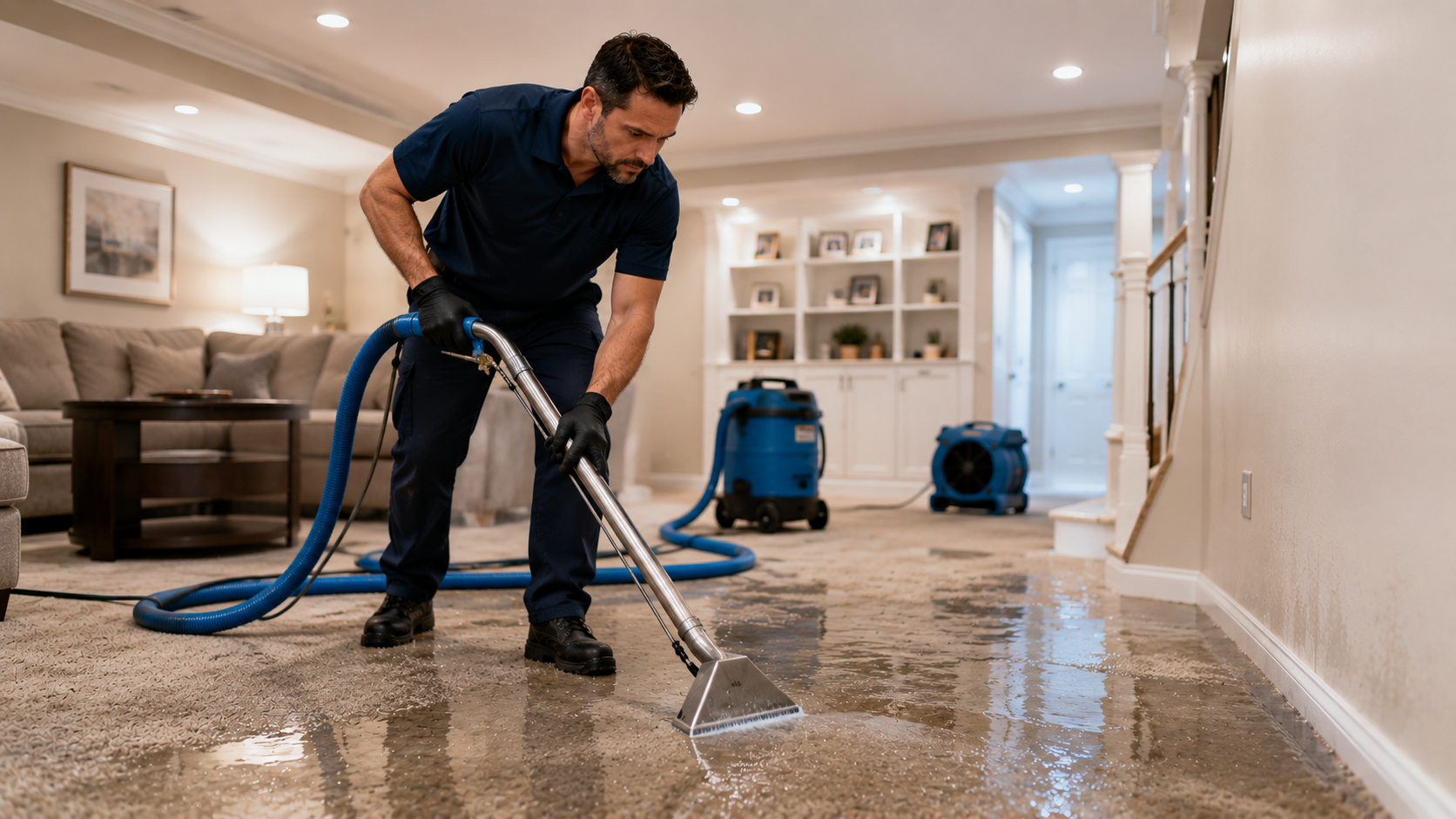 Water-damaged flooring being dried after a pipe burst in Louisville KY