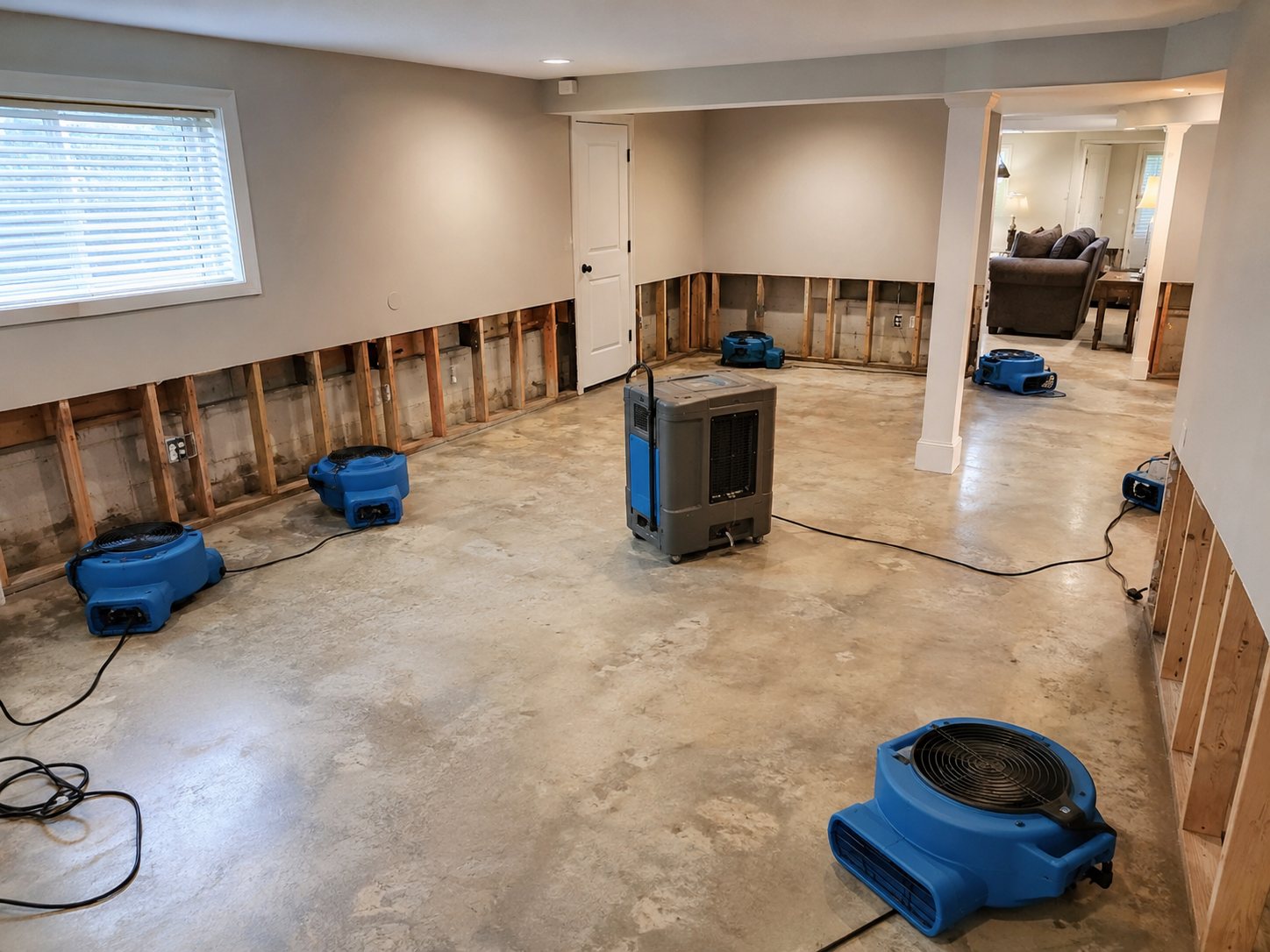 Basement structural drying with air movers and dehumidifier in Louisville KY