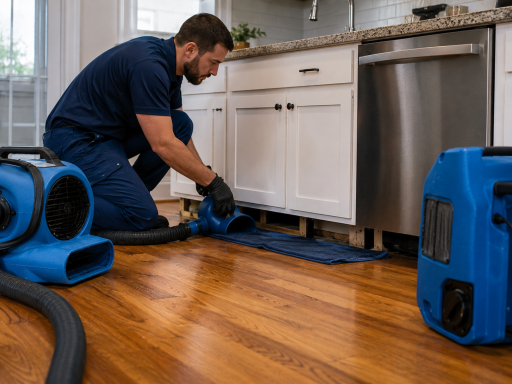 Dishwasher leak drying under kitchen cabinets and hardwood floor
